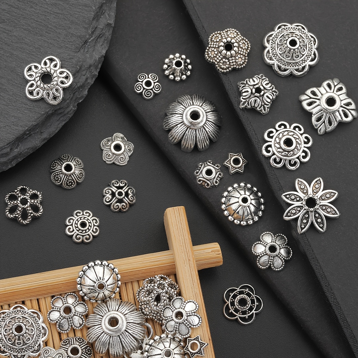 100pcs Alloy Bead Caps in Assorted Flower Petal Designs